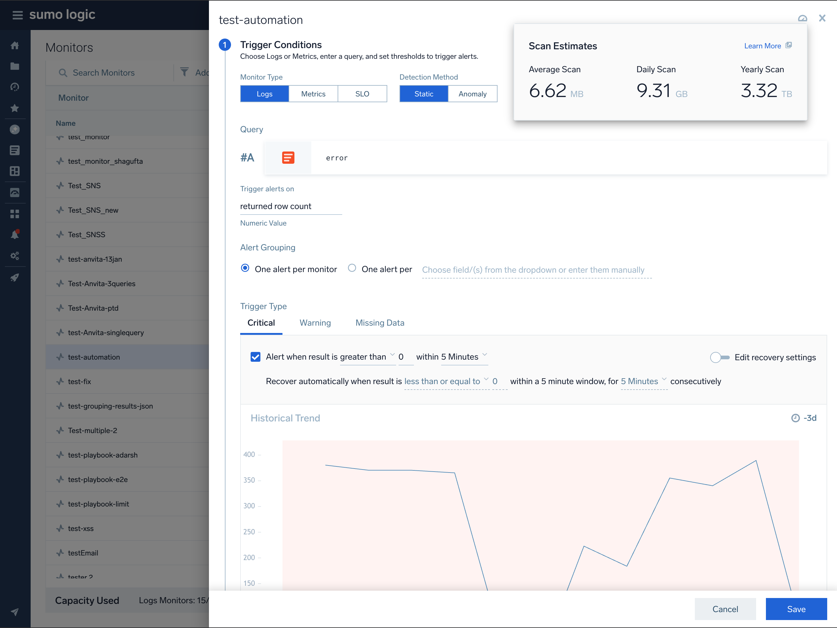 Monitor configuration showing query setup